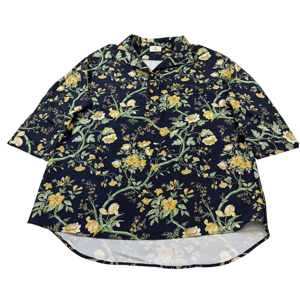 Tuckernuck Willow Navy Blue Floral Tunic Blouse Gold Button High Low Hem Top M